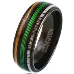King's Cross Awesome 6mm/8mm Tungsten Carbide Low Dome Band Ring with Fishing Line Between Whiskey Barrel Oak Wood and Deer Antler Inlays. Multiple Colorways. (Black/Green, 8mm 8)