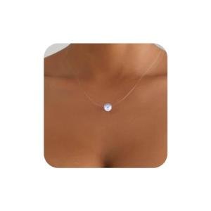 Aneneiceera Vintage Pearl Pendant Necklace Silver Pearl Choker Necklace Tiny Solitary Necklaces Transparent Invisible Chain Necklaces Thin Fishing Line Necklace Chain Jewelry for Women (Pearl bead)
