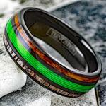 King's Cross Awesome 6mm/8mm Tungsten Carbide Low Dome Band Ring with Fishing Line Between Whiskey Barrel Oak Wood and Deer Antler Inlays. Multiple Colorways. (Black/Green, 8mm 8)