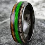 King's Cross Awesome 6mm/8mm Tungsten Carbide Low Dome Band Ring with Fishing Line Between Whiskey Barrel Oak Wood and Deer Antler Inlays. Multiple Colorways. (Black/Green, 8mm 8)
