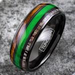 King's Cross Awesome 6mm/8mm Tungsten Carbide Low Dome Band Ring with Fishing Line Between Whiskey Barrel Oak Wood and Deer Antler Inlays. Multiple Colorways. (Black/Green, 8mm 8)
