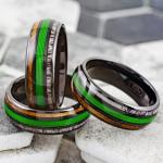 King's Cross Awesome 6mm/8mm Tungsten Carbide Low Dome Band Ring with Fishing Line Between Whiskey Barrel Oak Wood and Deer Antler Inlays. Multiple Colorways. (Black/Green, 8mm 8)
