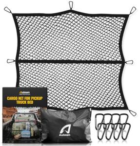 AUTOWN Cargo Net for Pickup Truck Bed - Stretchable 4'x4' to 7'x7', High Elastic Fine Mesh 1''x1'' with 8 Metal Carabiners - Ideal for ATV, SUV, UTV, Truck and Boat Use (Single Layer)