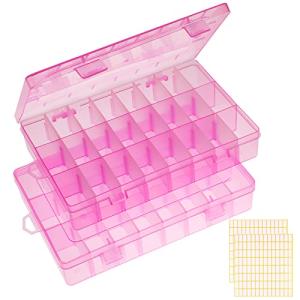 2 Pack 24 Grids Pink Plastic Organizer Box, Storage Container with Adjustable Divider, Craft Organizers and Storage Bead Storage Organizer Box for DIY Jewelry Tackles with 2 Sheets Label Stickers