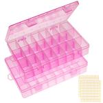 2 Pack 24 Grids Pink Plastic Organizer Box, Storage Container with Adjustable Divider, Craft Organizers and Storage Bead Storage Organizer Box for DIY Jewelry Tackles with 2 Sheets Label Stickers