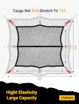 AUTOWN Cargo Net for Pickup Truck Bed - Stretchable 4'x4' to 7'x7', High Elastic Fine Mesh 1''x1'' with 8 Metal Carabiners - Ideal for ATV, SUV, UTV, Truck and Boat Use (Single Layer)