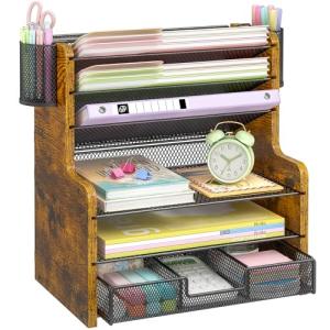 6-Tier Mesh Desk Organizer with Drawer and Pen Holders
