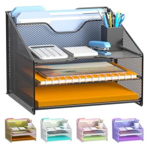 Mesh Desk File Organizer with 3 Trays, Black