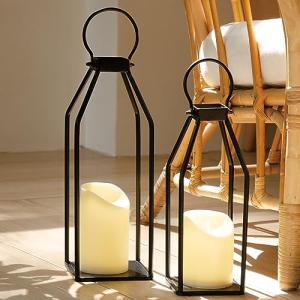 Set of 2 Farmhouse Black Metal Lanterns with LED Candles