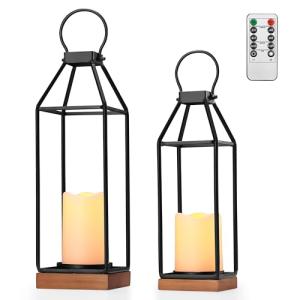 Set of 2 Metal Farmhouse Lanterns with Flameless Candles