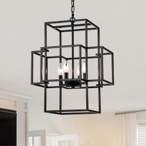 Black Farmhouse 4-Light Lantern Pendant Chandelier