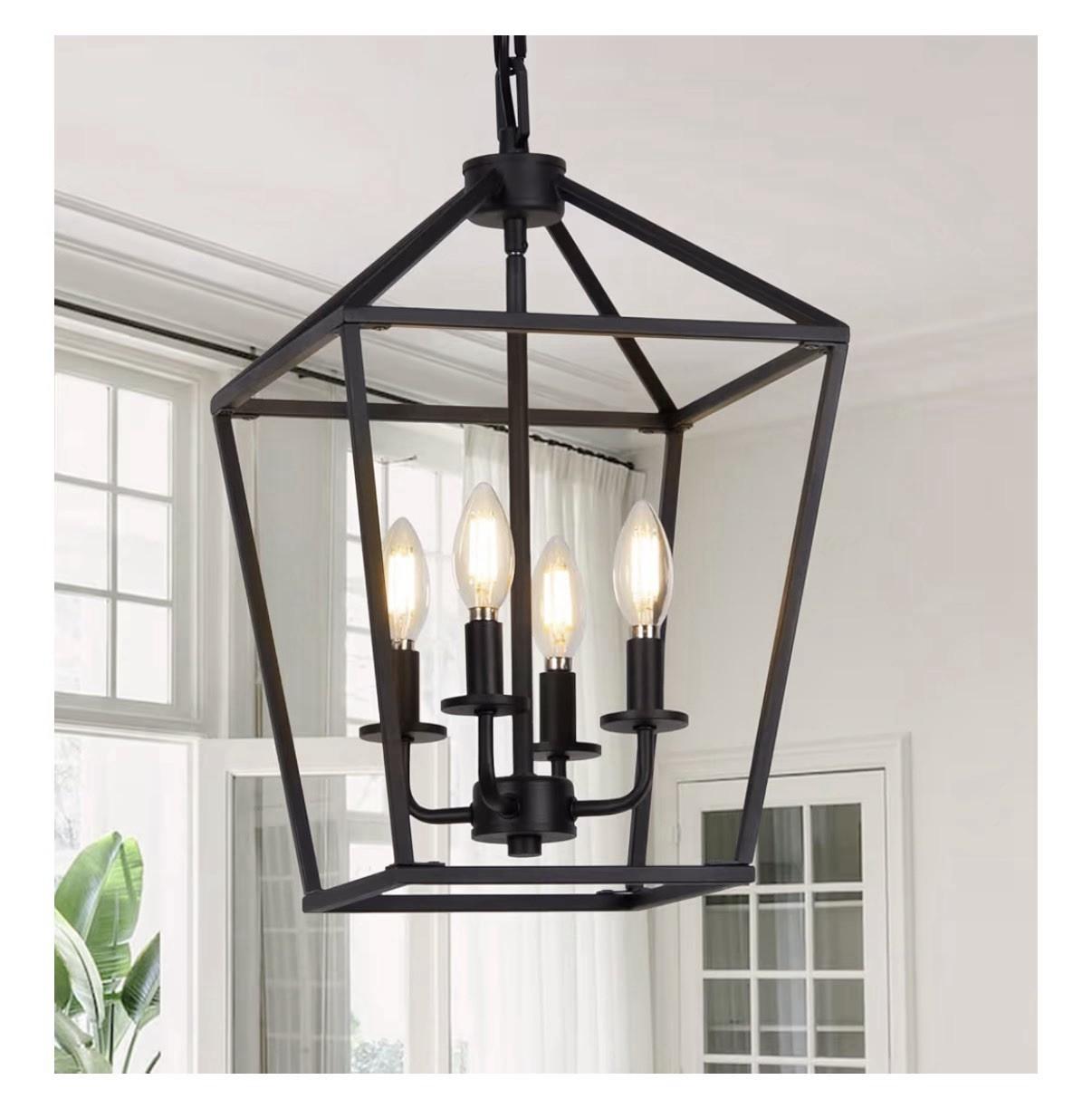 Black Industrial 4-Light Lantern Ceiling Chandelier
