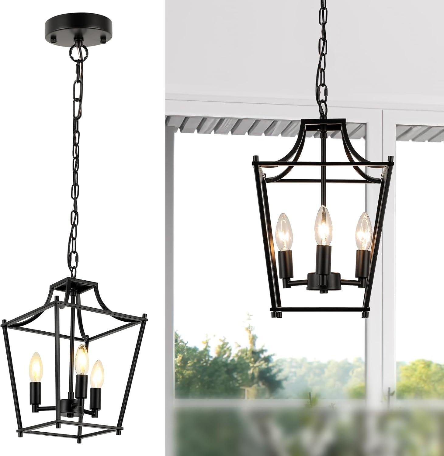 Black Adjustable 3-Light Farmhouse Lantern Pendant