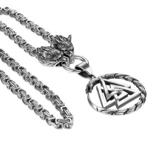 Viking Wolf Head Necklace with Valknut Pendant
