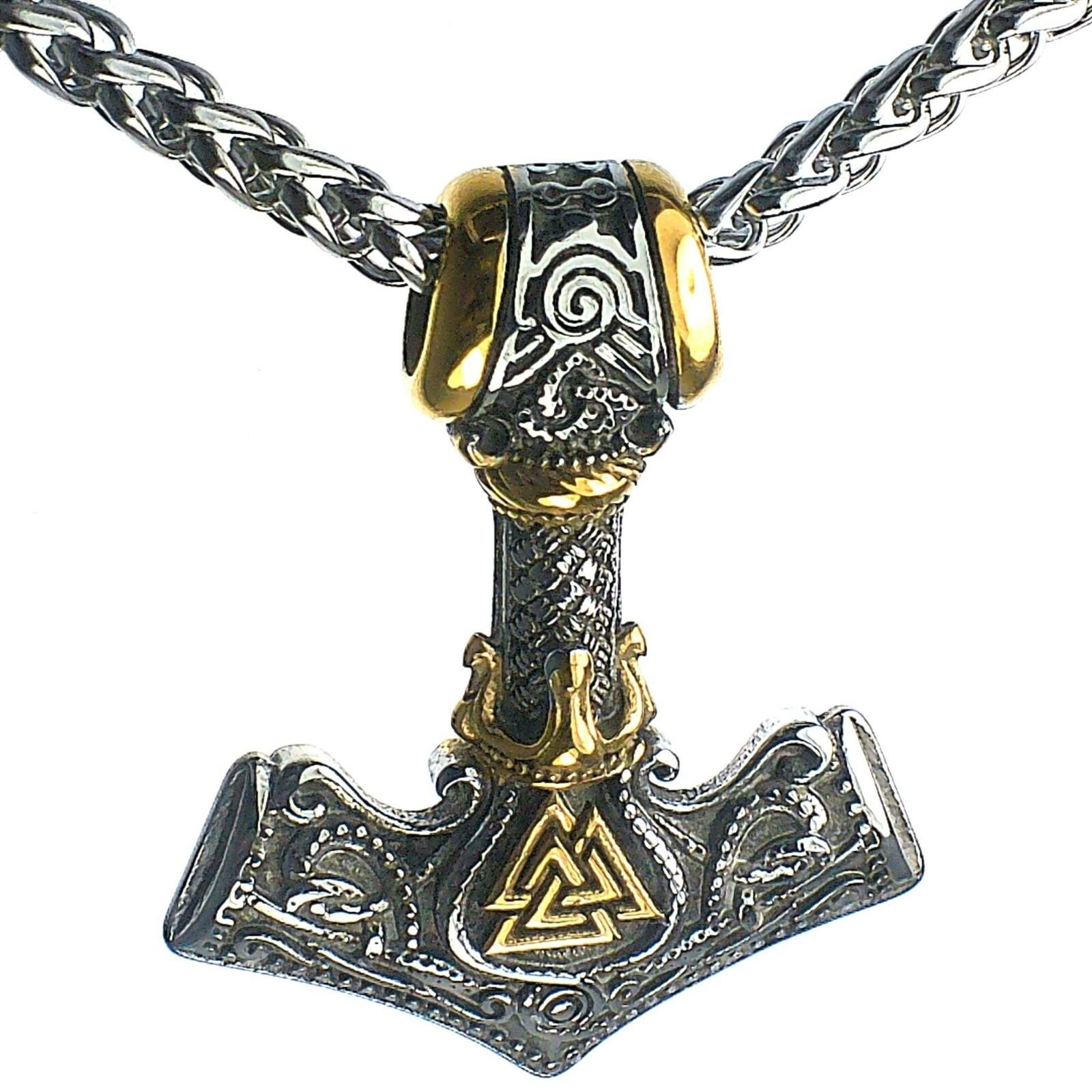 Viking Valknut Thor's Hammer Necklace in Gold
