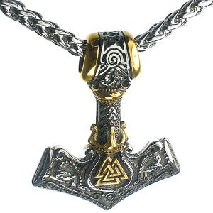 Viking Valknut Thor's Hammer Necklace in Gold