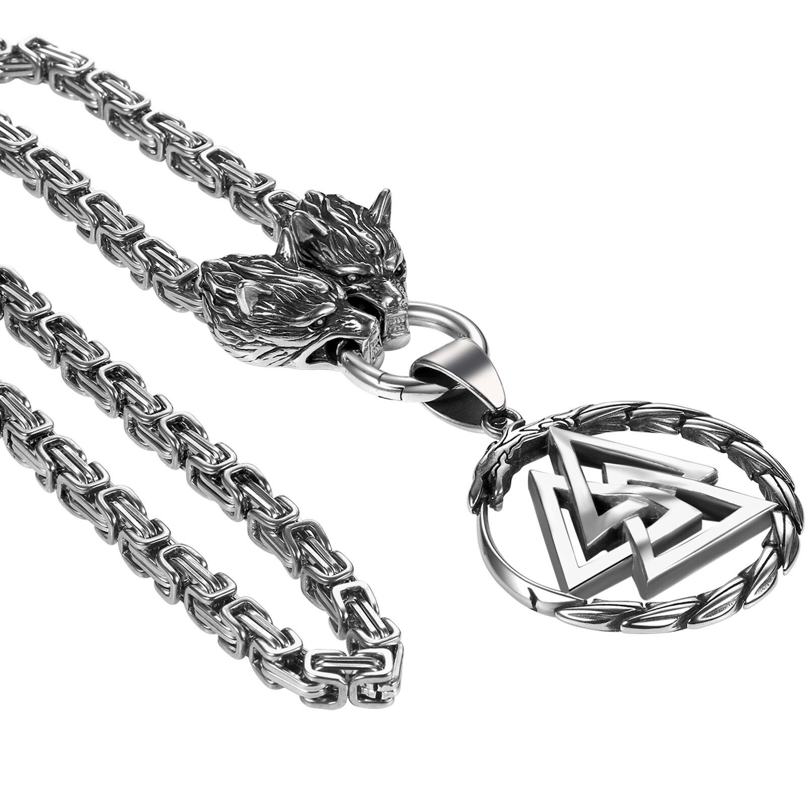 Men's Viking Mjolnir Necklace with Wolf Pendant