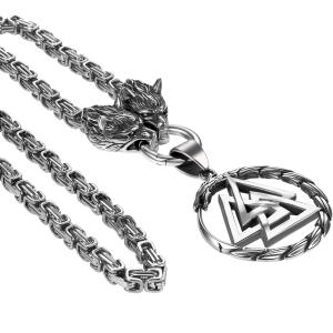 Men's Viking Mjolnir Necklace with Wolf Pendant