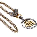 Viking Wolf Head Necklace with Valknut Pendant