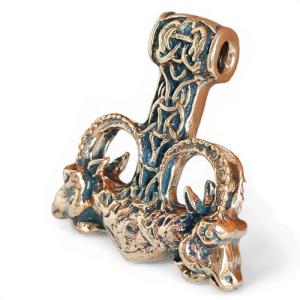 Bronze Thor's Hammer Necklace with Goats and Runes