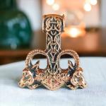 Bronze Thor's Hammer Necklace with Goats and Runes