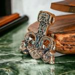 Bronze Thor's Hammer Necklace with Goats and Runes