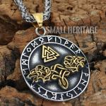 Geri and Freki Wolf Valknut Necklace in Steel
