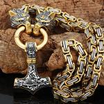 GuoShuang Men Wolf head norse viking amulet thor hammer pendant necklace -stainless steel king chain