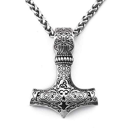 Norse Thor Hammer Necklace with Wolf Heads