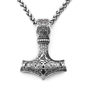 Norse Thor Hammer Necklace with Wolf Heads
