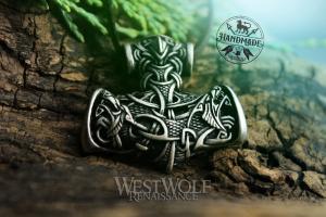 Viking Mjolnir Hammer Pendant with Odin's Wolves