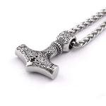 Norse Thor Hammer Necklace with Wolf Heads