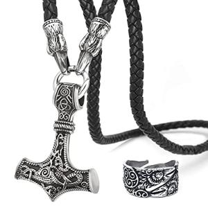 Thor's Hammer Pendant with Raven Leather Necklace