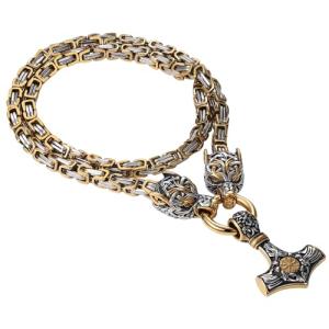 Thor’s Hammer Necklace with Wolf Head Pendant
