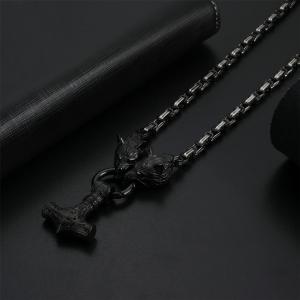 Black Viking Wolf Mjolnir Pendant Necklace