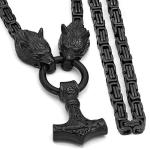 Thor's Hammer Pendant with Fenrir Wolf Heads Necklace