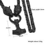 Thor's Hammer Pendant with Fenrir Wolf Heads Necklace