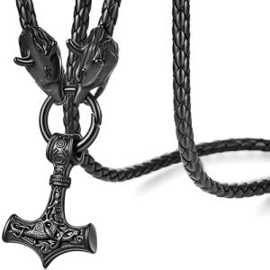Viking Wolf Necklace with Thor’s Hammer Pendant