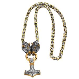 Wolf Head Thor Hammer Viking Necklace for Men