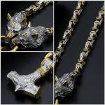 Wolf Head Thor Hammer Viking Necklace for Men