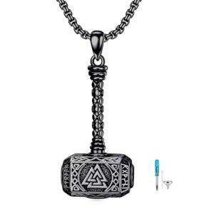 Black Thor's Hammer Necklace with Viking Runes