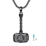Black Thor's Hammer Necklace with Viking Runes