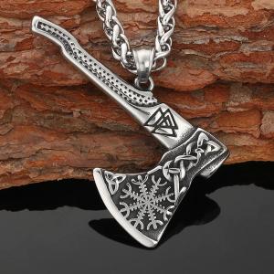 Viking Axe Pendant Necklace with Valknut and Vegvisir