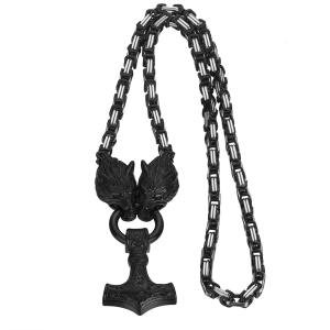 Viking Wolf Thor Hammer Pendant Necklace for Men