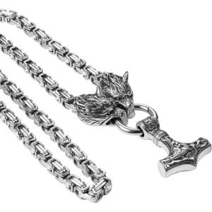 Viking Thor's Hammer Necklace with Wolf Head Pendant