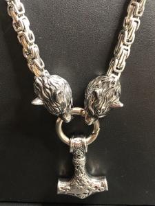 Viking Mjolnir Pendant with Wolf Head Necklace