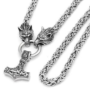 Wolf Head Thor Mjolnir Pendant Necklace 24