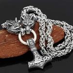 Wolf Head Thor Mjolnir Pendant Necklace 24