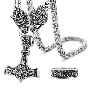 Viking Mjolnir Necklace with Wolf Head Chain