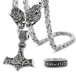 Viking Mjolnir Necklace with Wolf Head Chain